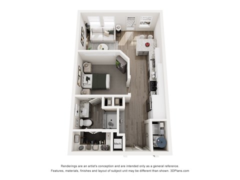 Floor plan for 1 bed, 1 bath, 599 sqft